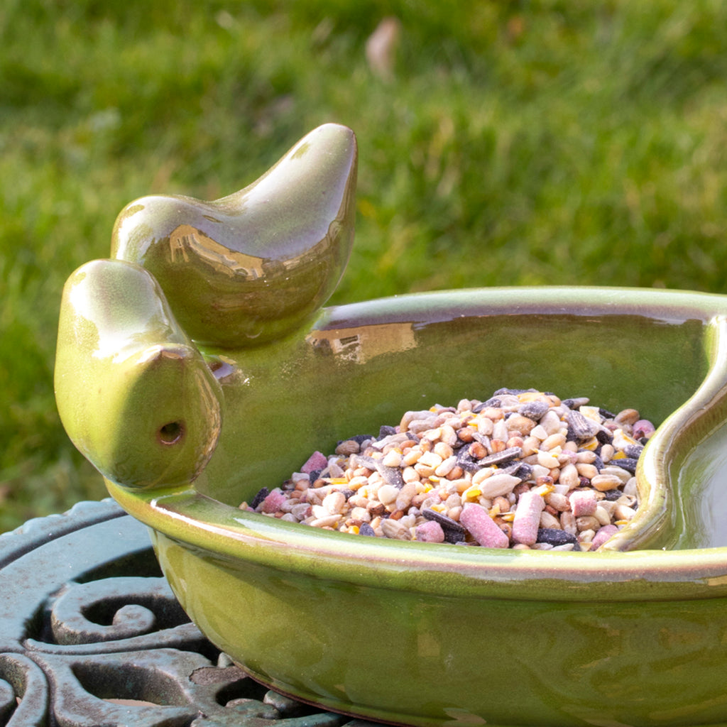 Green Ceramic Bird Bath & Feeder