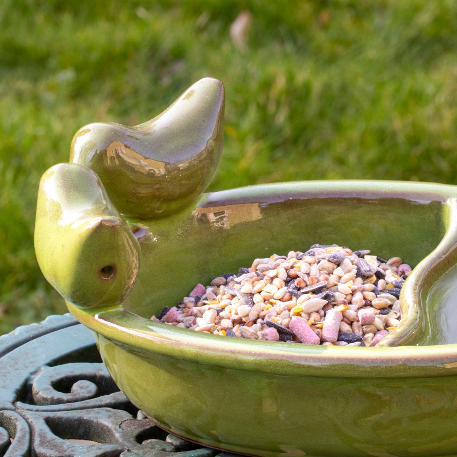 Green Ceramic Bird Bath & Feeder