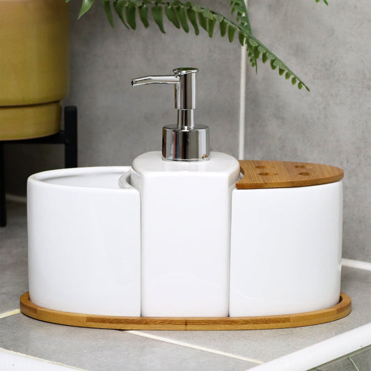 4 Piece White Ceramic And Bamboo Bathroom Set