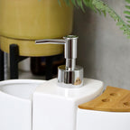4 Piece White Ceramic And Bamboo Bathroom Set