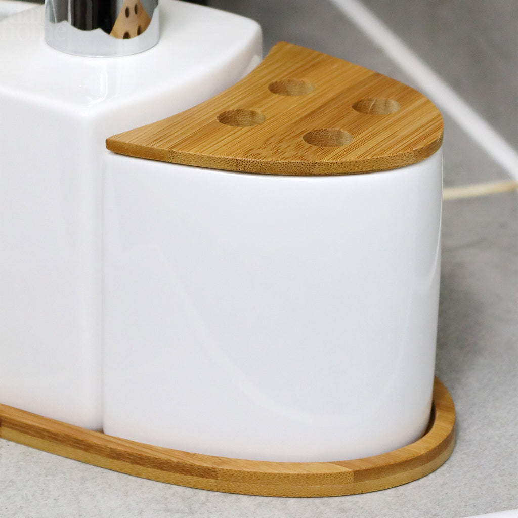 4 Piece White Ceramic And Bamboo Bathroom Set