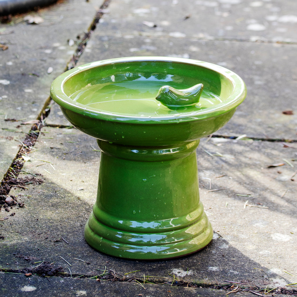 Green Round Ceramic Pedestal Bird Bath