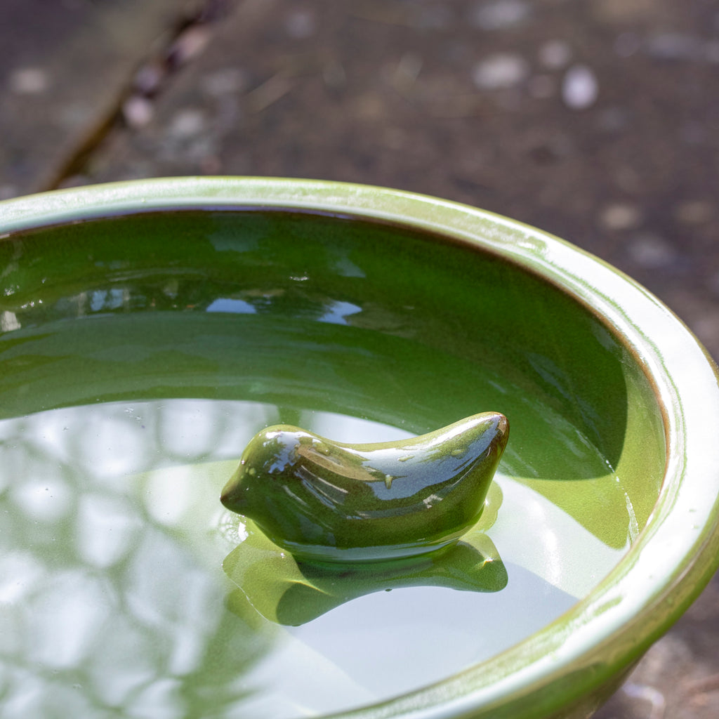 Green Round Ceramic Pedestal Bird Bath