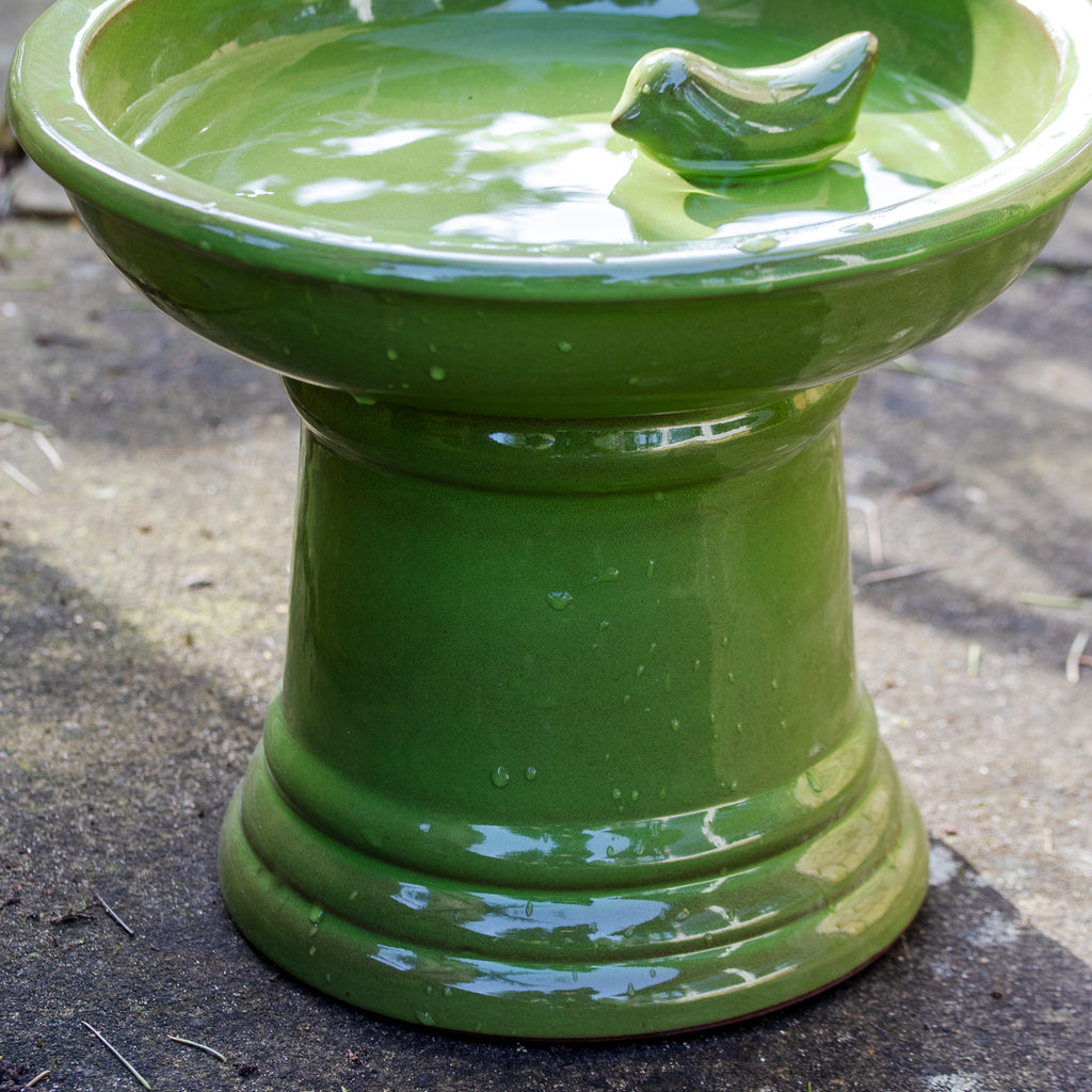 Green Round Ceramic Pedestal Bird Bath