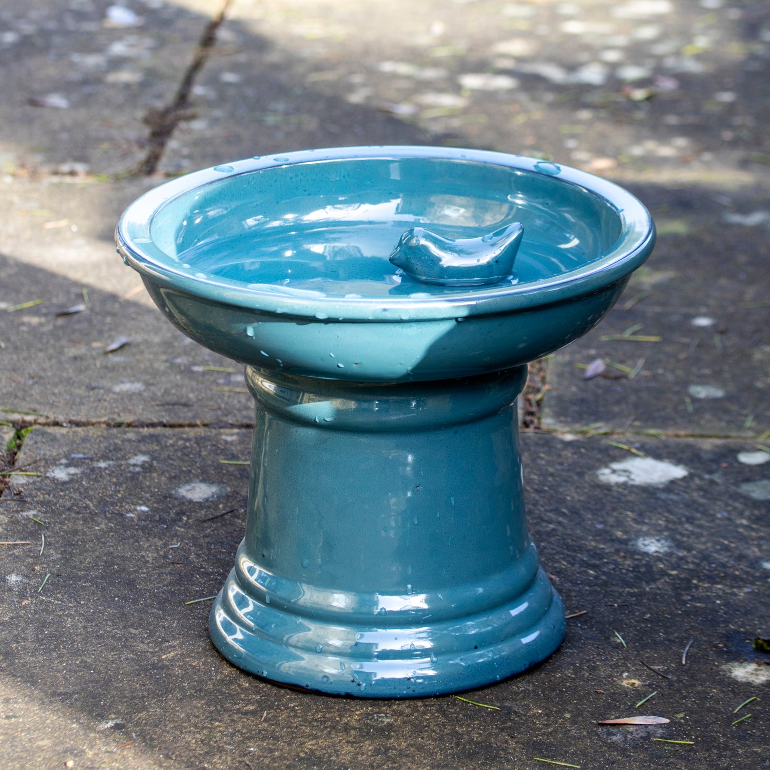Blue Round Ceramic Pedestal Bird Bath