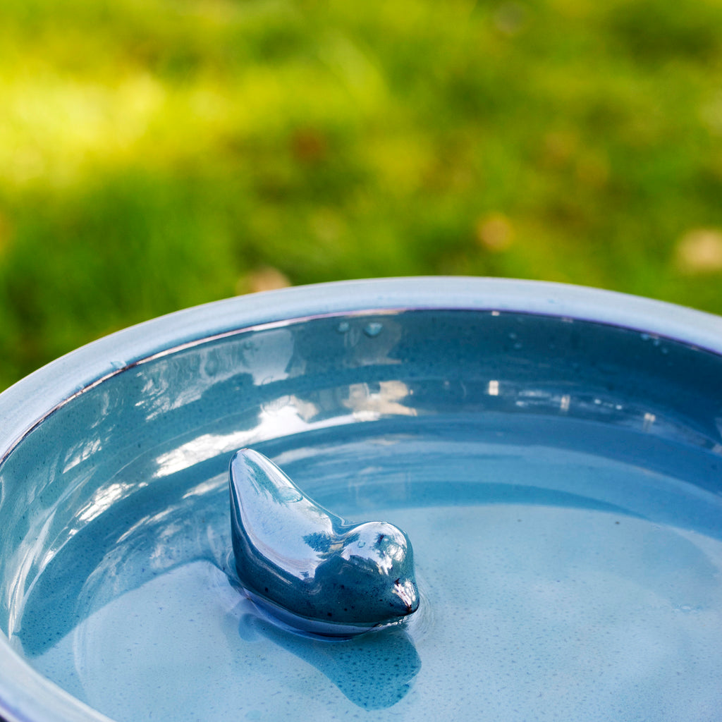 Blue Round Ceramic Pedestal Bird Bath