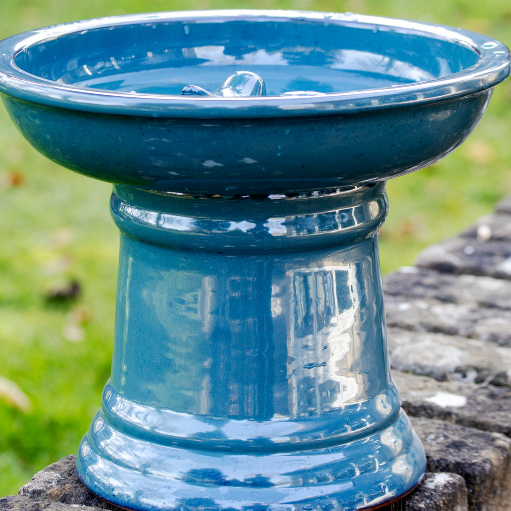 Blue Round Ceramic Pedestal Bird Bath