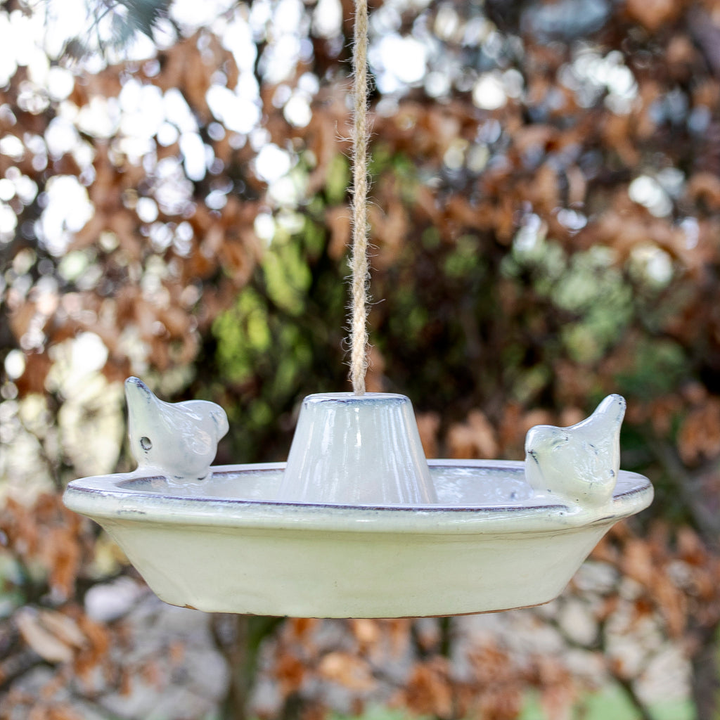 Hanging White Glazed Ceramic Round Bird Bath