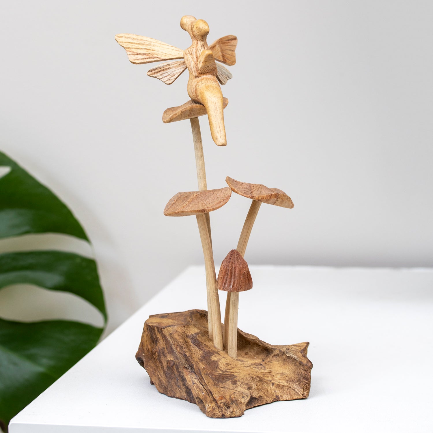 Teak Root Fairy On Mystical Mushrooms Sculpture