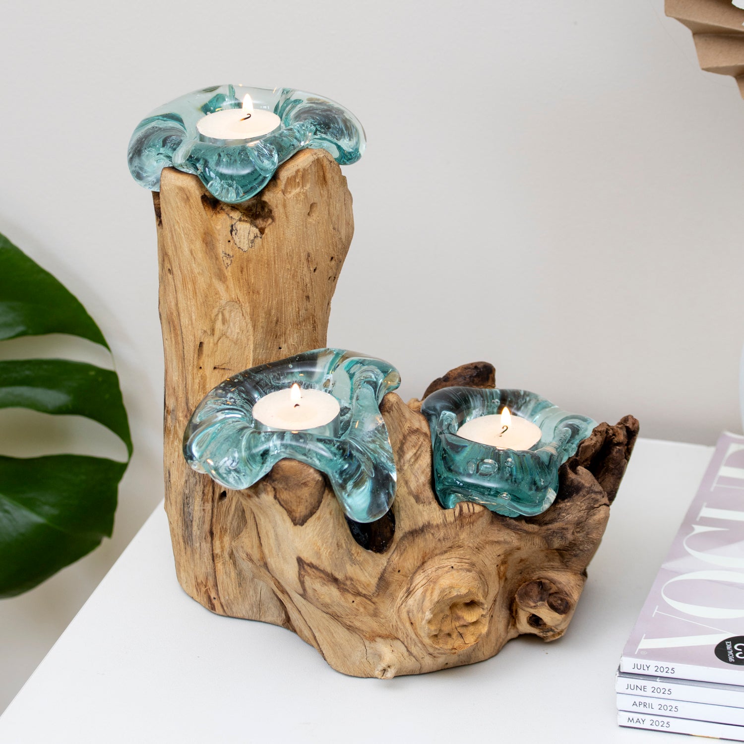 Tall Teak Root & Triple Molten Glass Candle Holder