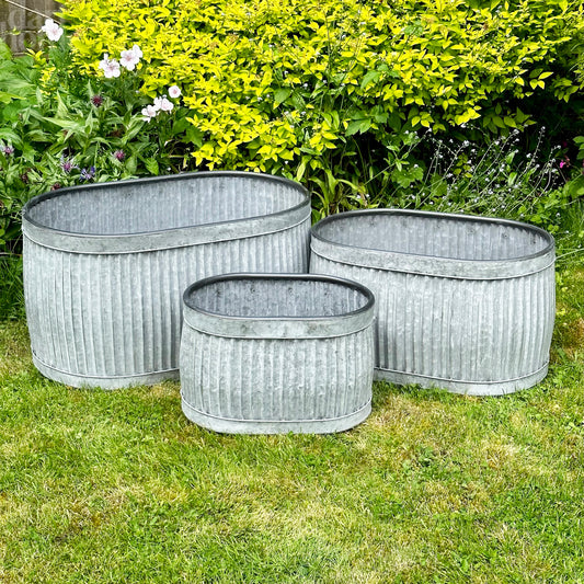 Set Of 3 Galvanised Oval Tub Planters