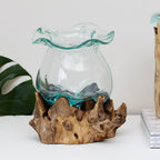 Teak Root With Large Crinkle Molten Glass Bowl