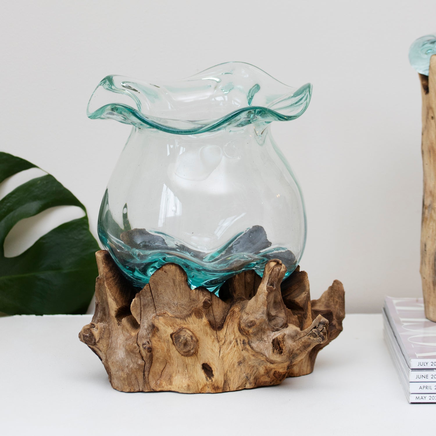 Teak Root With Large Crinkle Molten Glass Bowl
