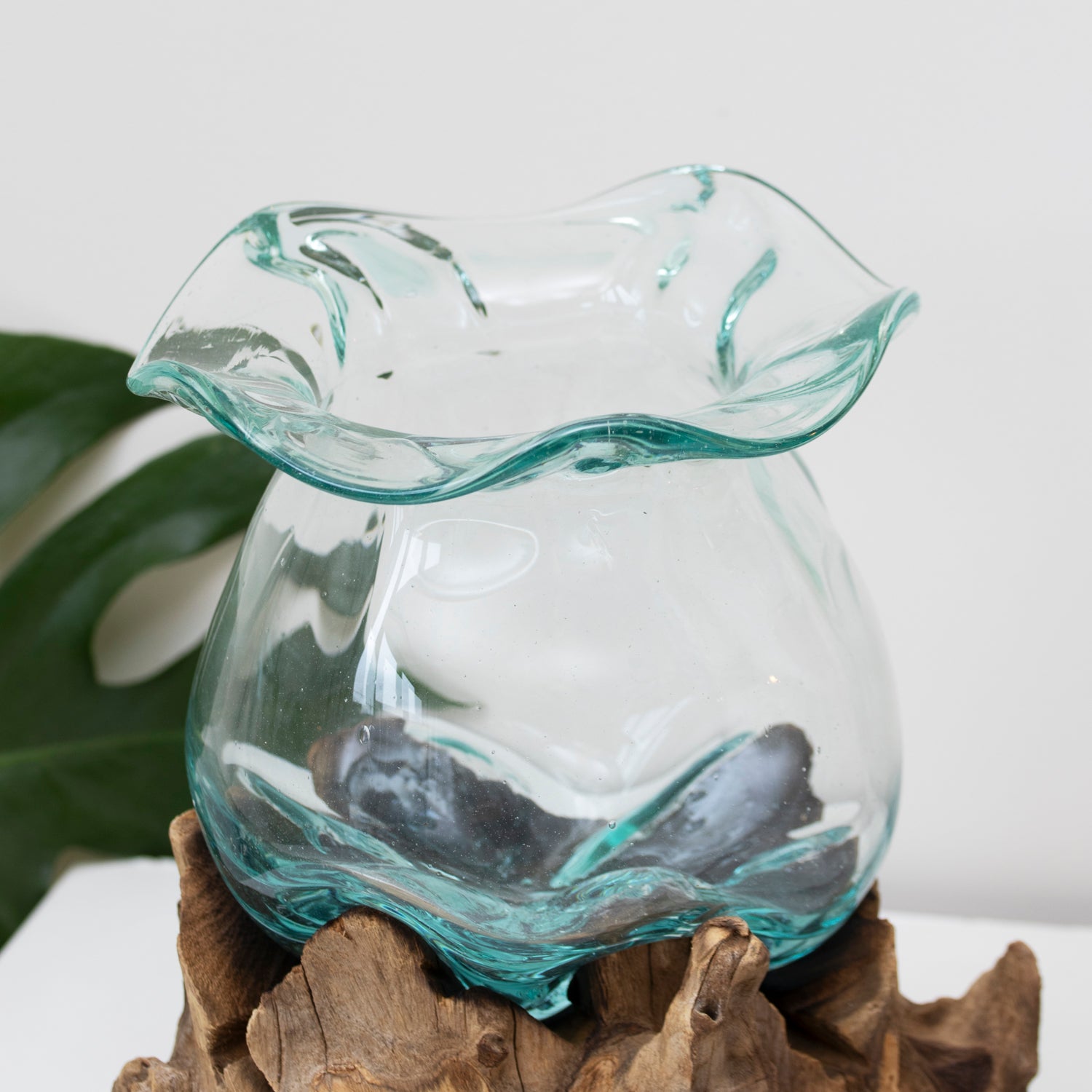 Teak Root With Large Crinkle Molten Glass Bowl