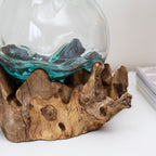 Teak Root With Large Crinkle Molten Glass Bowl