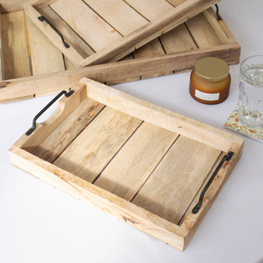 Set Of 3 Metal Handled Wooden Slat Trays