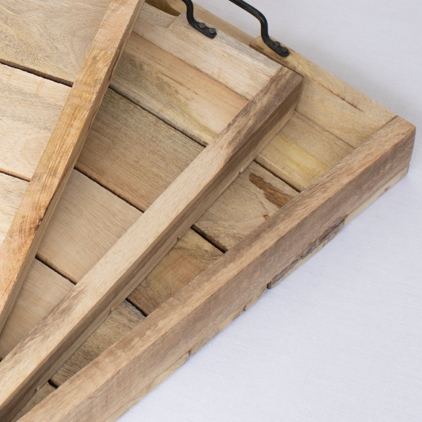 Set Of 3 Metal Handled Wooden Slat Trays