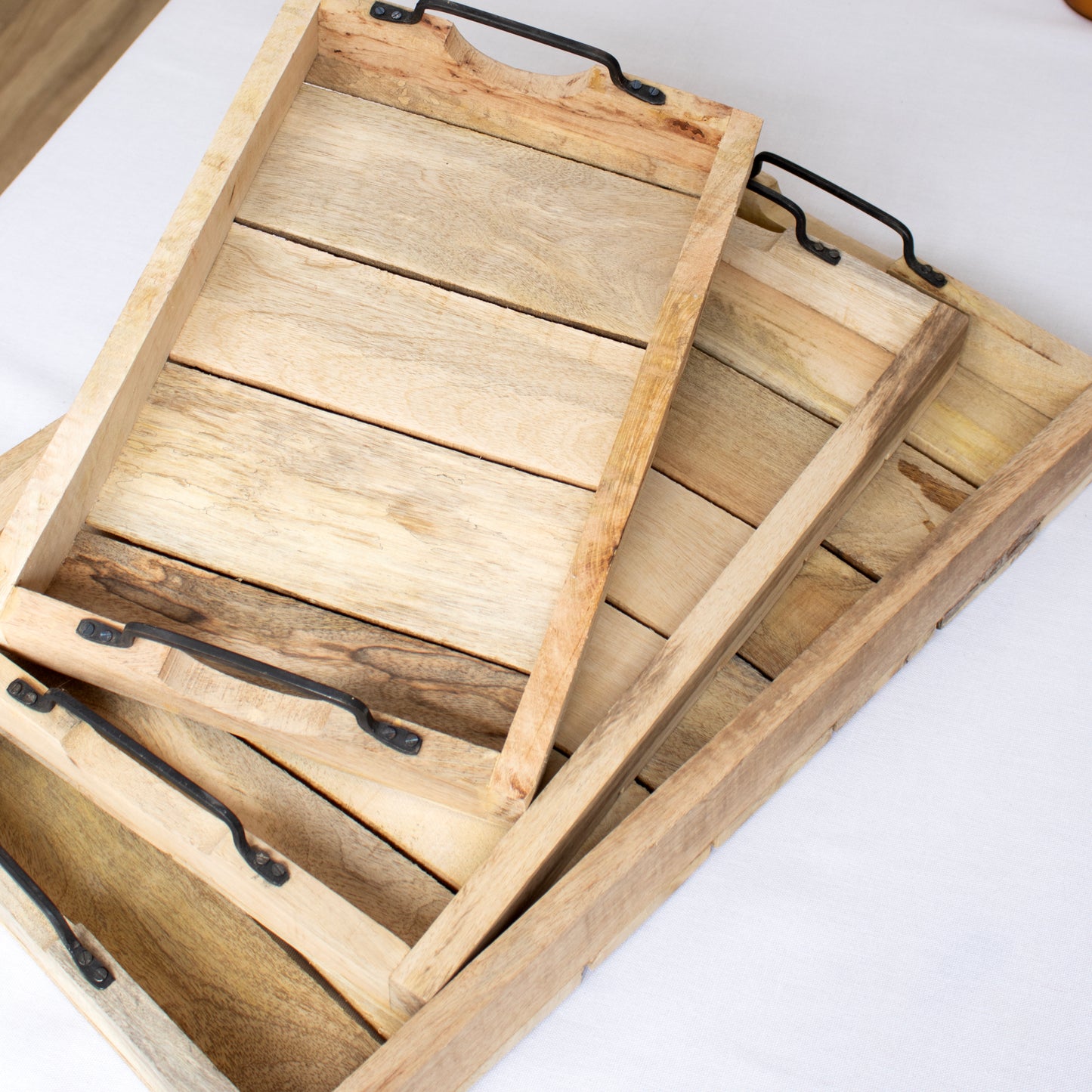 Set Of 3 Metal Handled Wooden Slat Trays