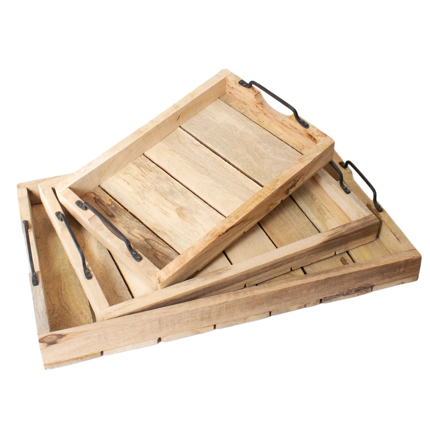 Set Of 3 Metal Handled Wooden Slat Trays