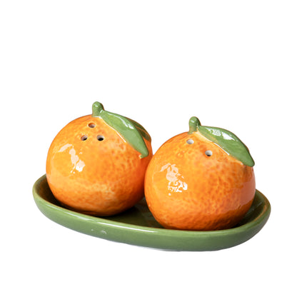 Orange Salt And Pepper Shakers With Tray