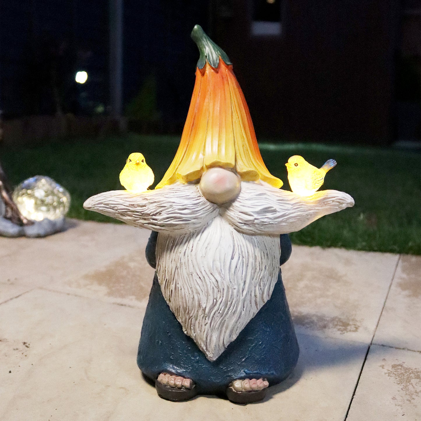 Gnome With Birds Solar Garden Ornament