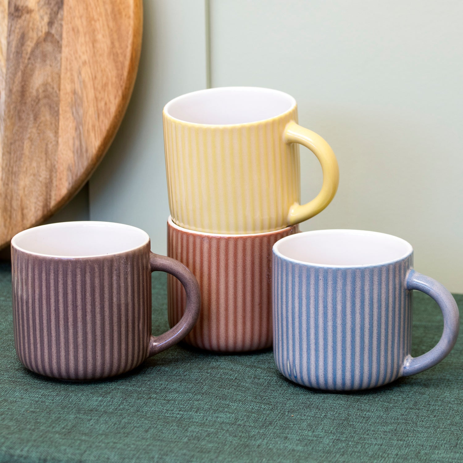 Set Of 4 Ribbed Reactive Glaze Mugs