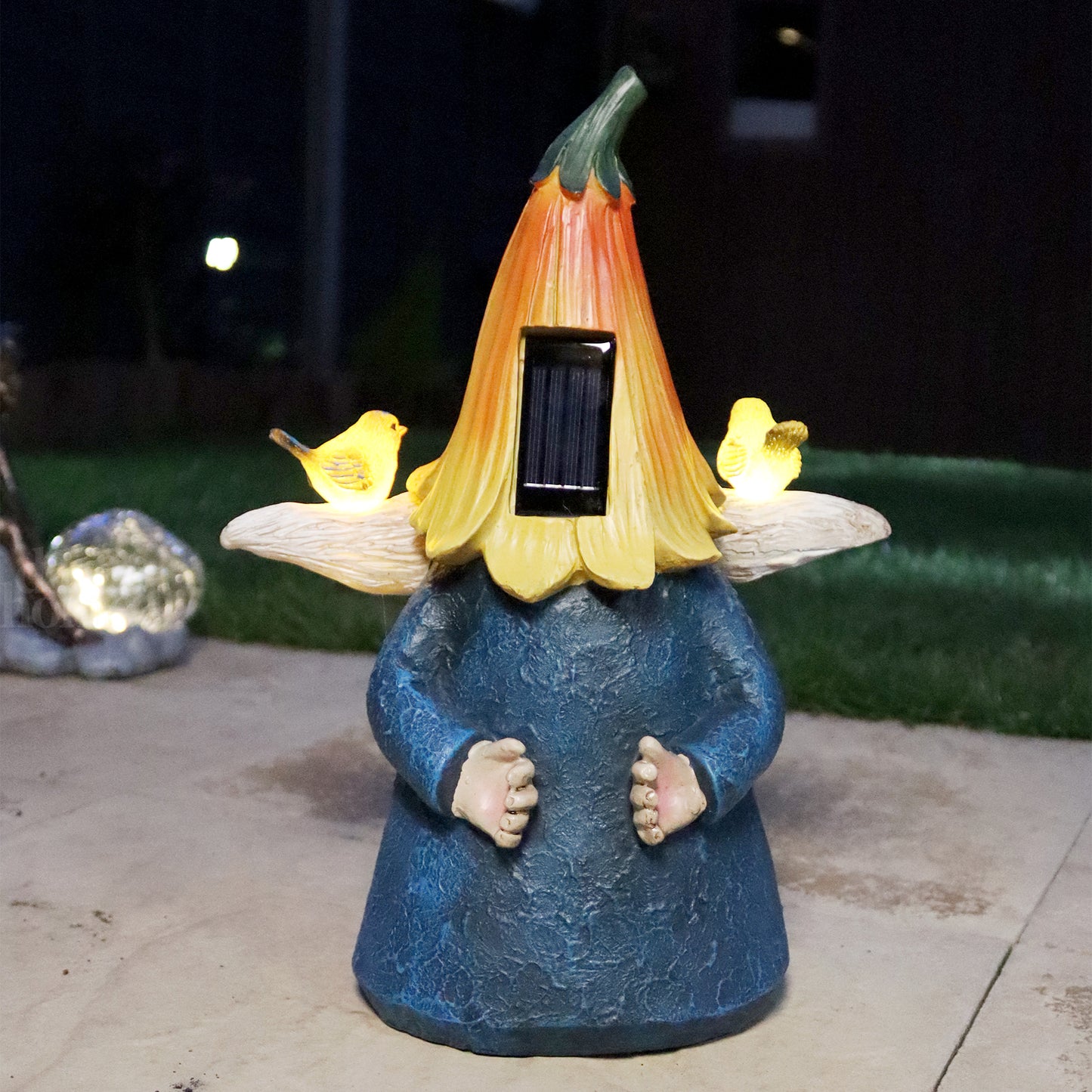 Gnome With Birds Solar Garden Ornament