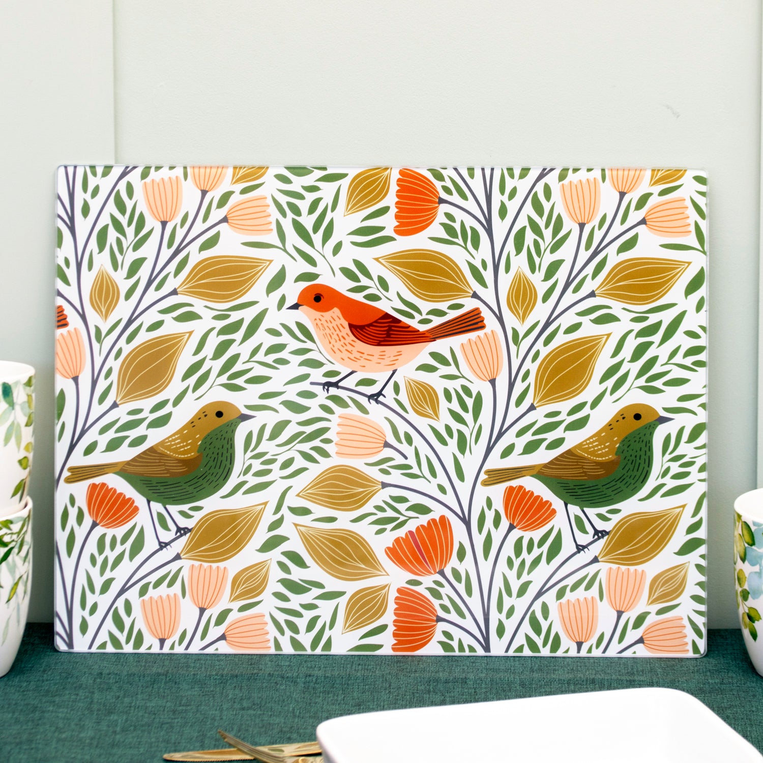 Floral Songbird Glass Worktop Saver