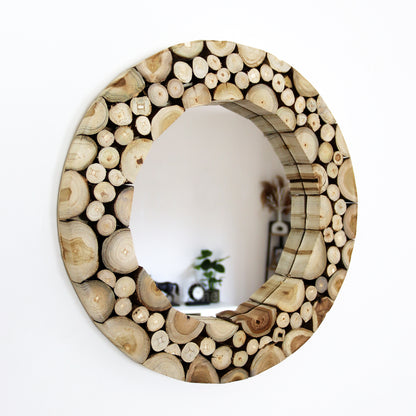 Round Teak Dowel Wall Mirror