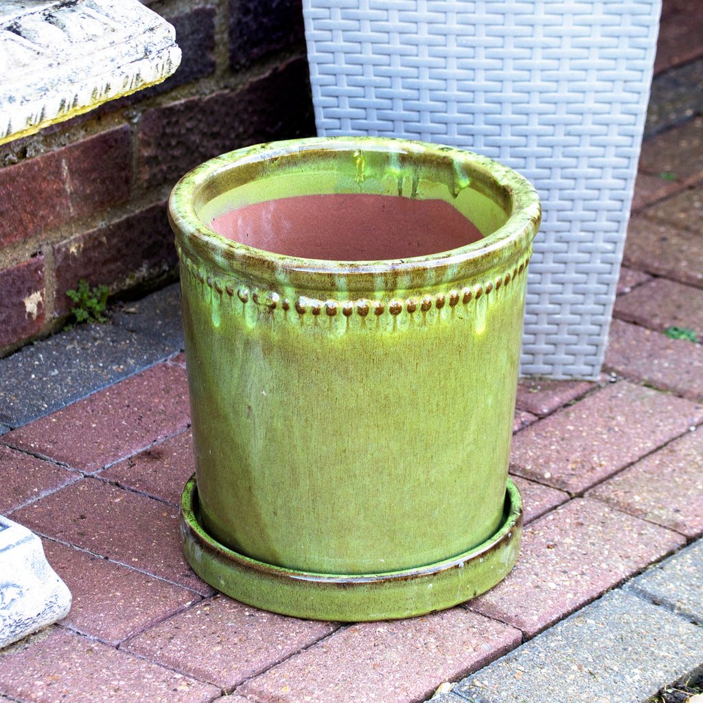 Green Glaze Ceramic Plant Pot & Saucer
