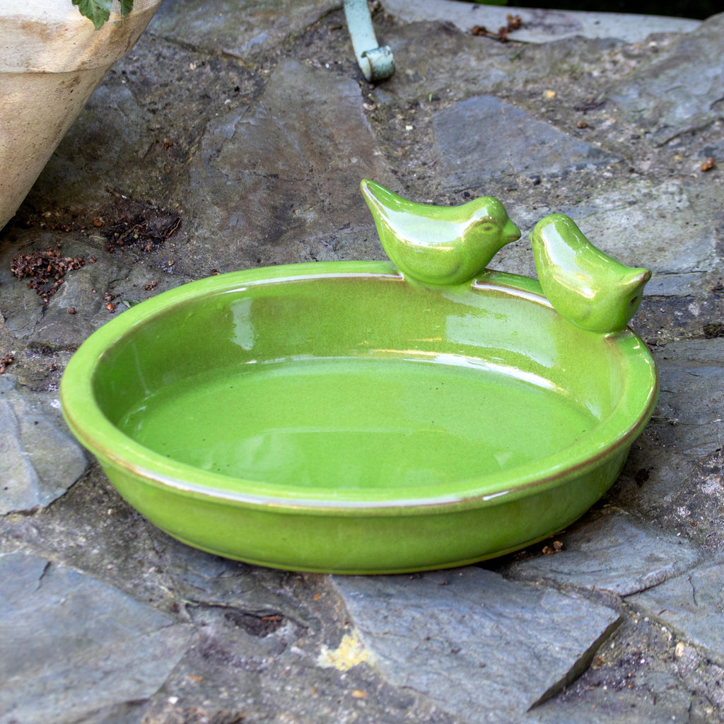 Oval Green Ceramic Bird Bath