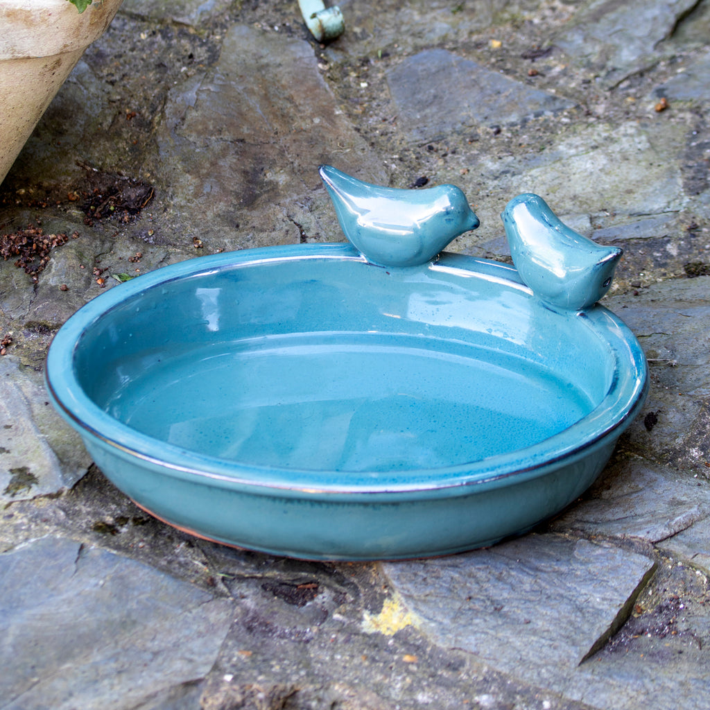 Oval Blue Ceramic Bird Bath