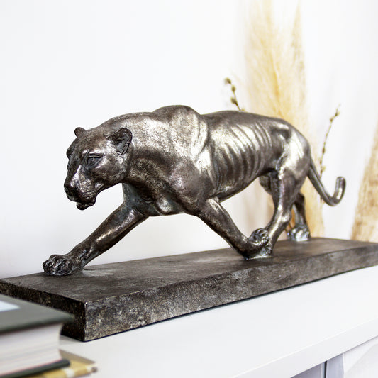 Silver Panther Sculpture On Stand