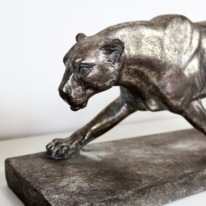 Silver Panther Sculpture On Stand