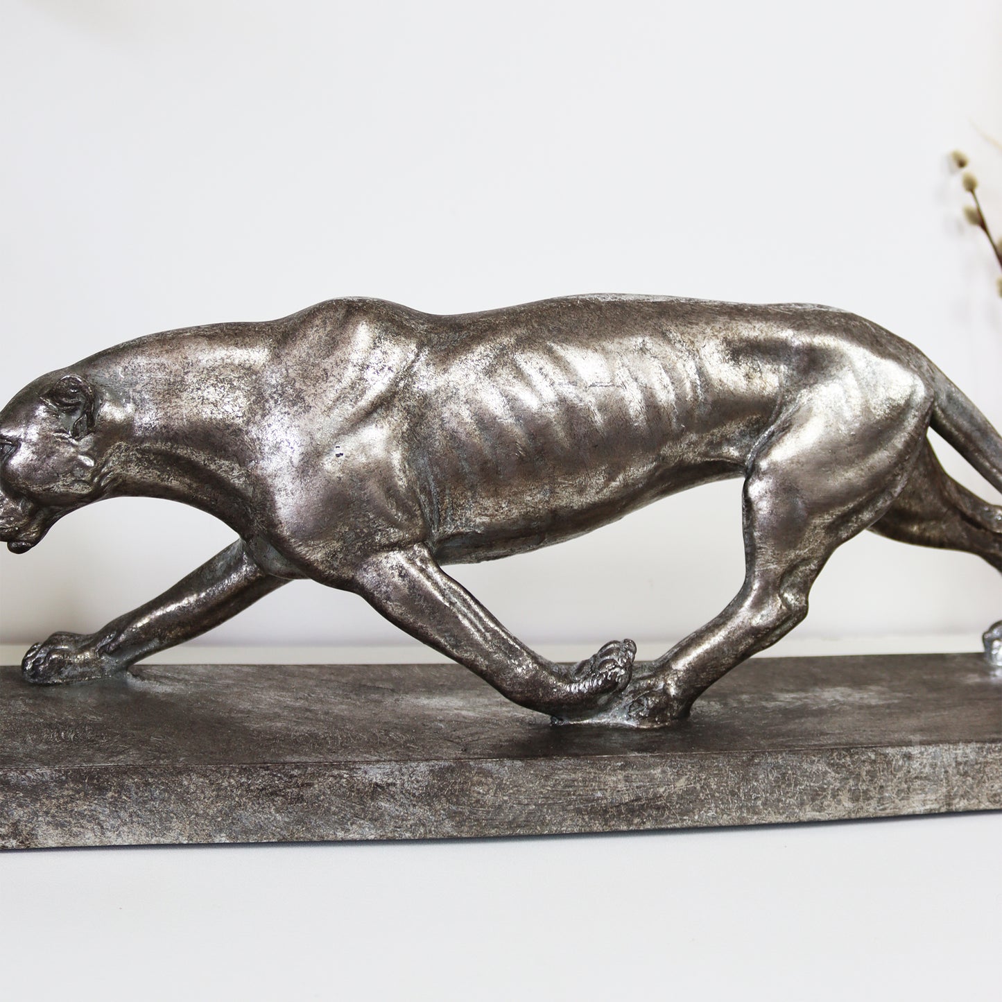 Silver Panther Sculpture On Stand