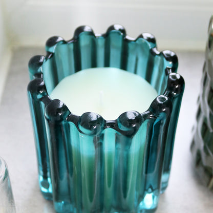 Blue Ribbed Glass Cedar And Jasmine Scented Candle