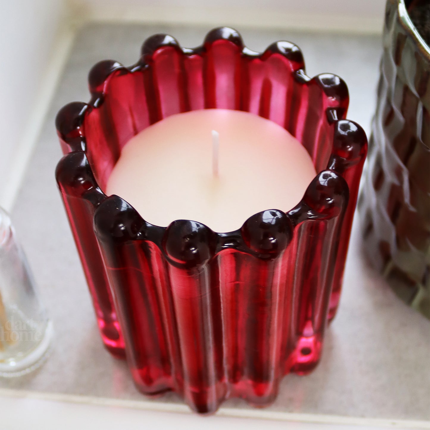 Pink Ribbed Glass Cedar And Jasmine Scented Candle