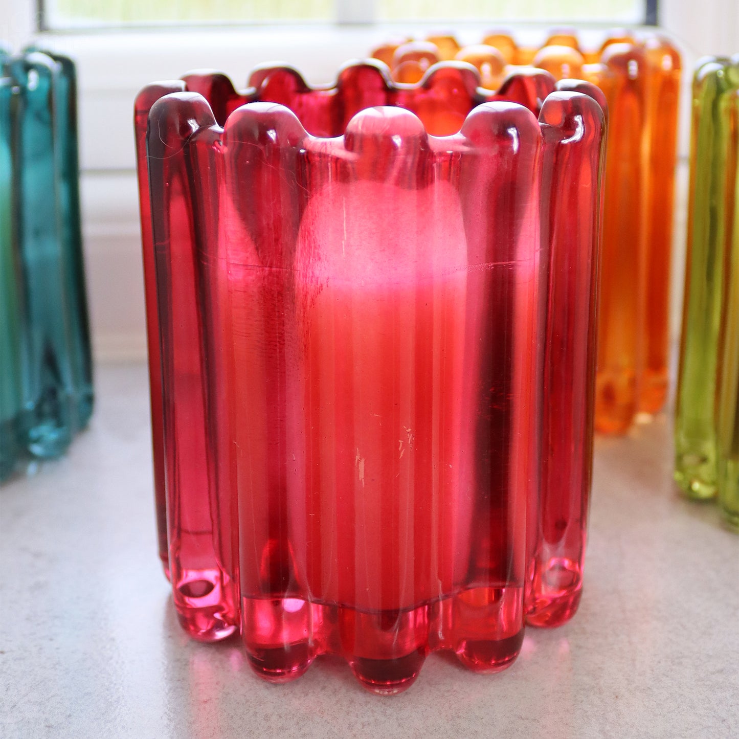 Pink Ribbed Glass Cedar And Jasmine Scented Candle