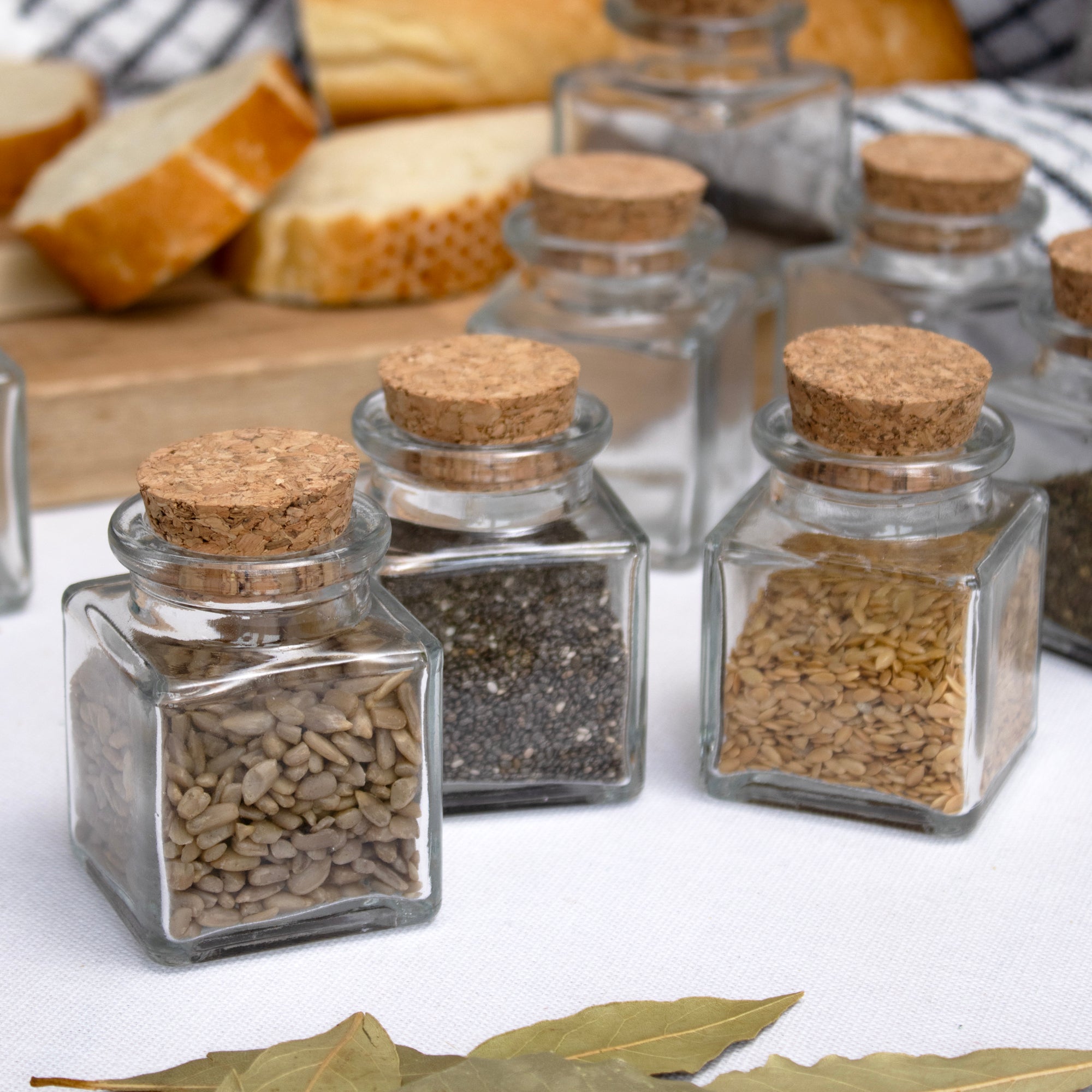 Set Of 12 Square Glass Spice Jars Cork Lids