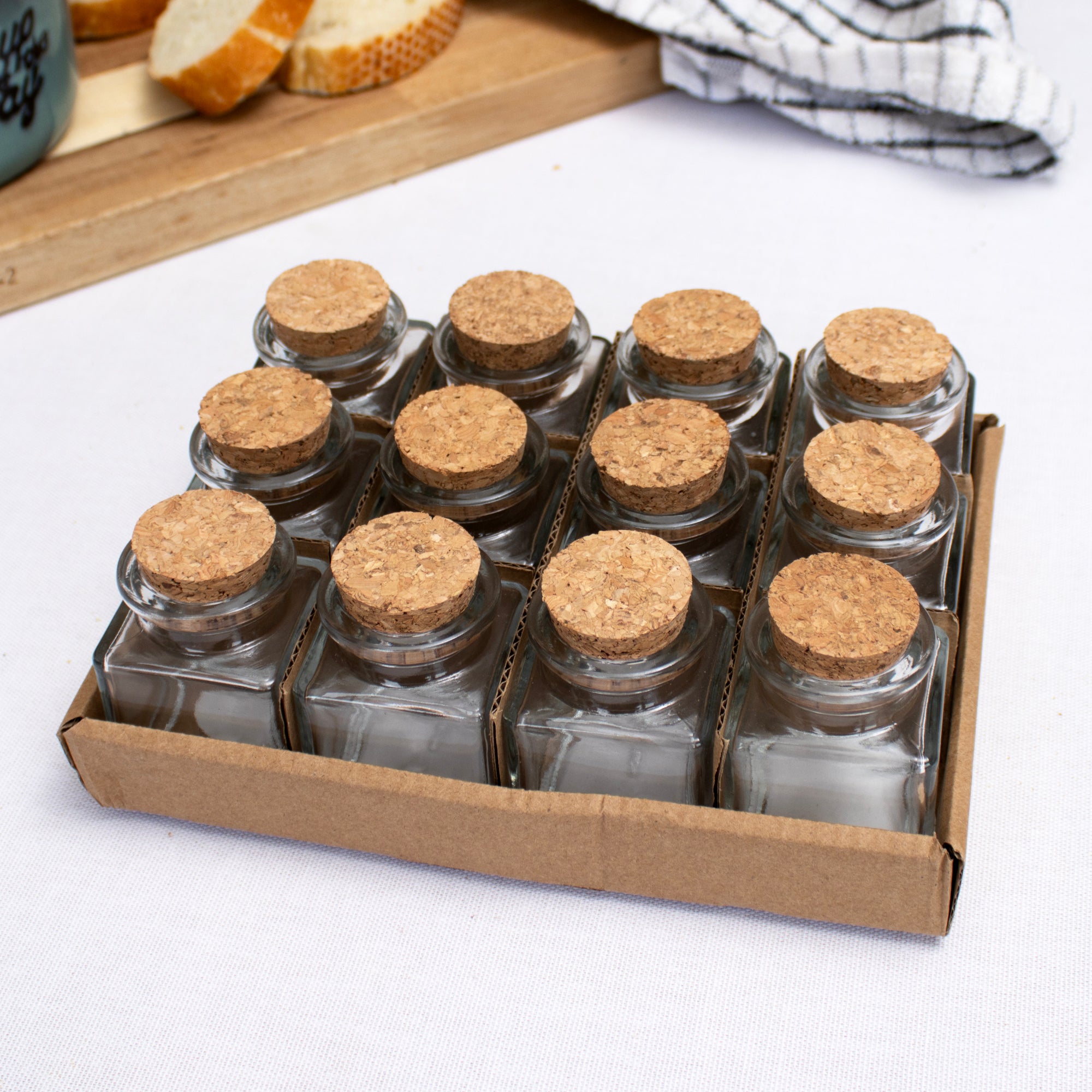 Set Of 12 Square Glass Spice Jars Cork Lids