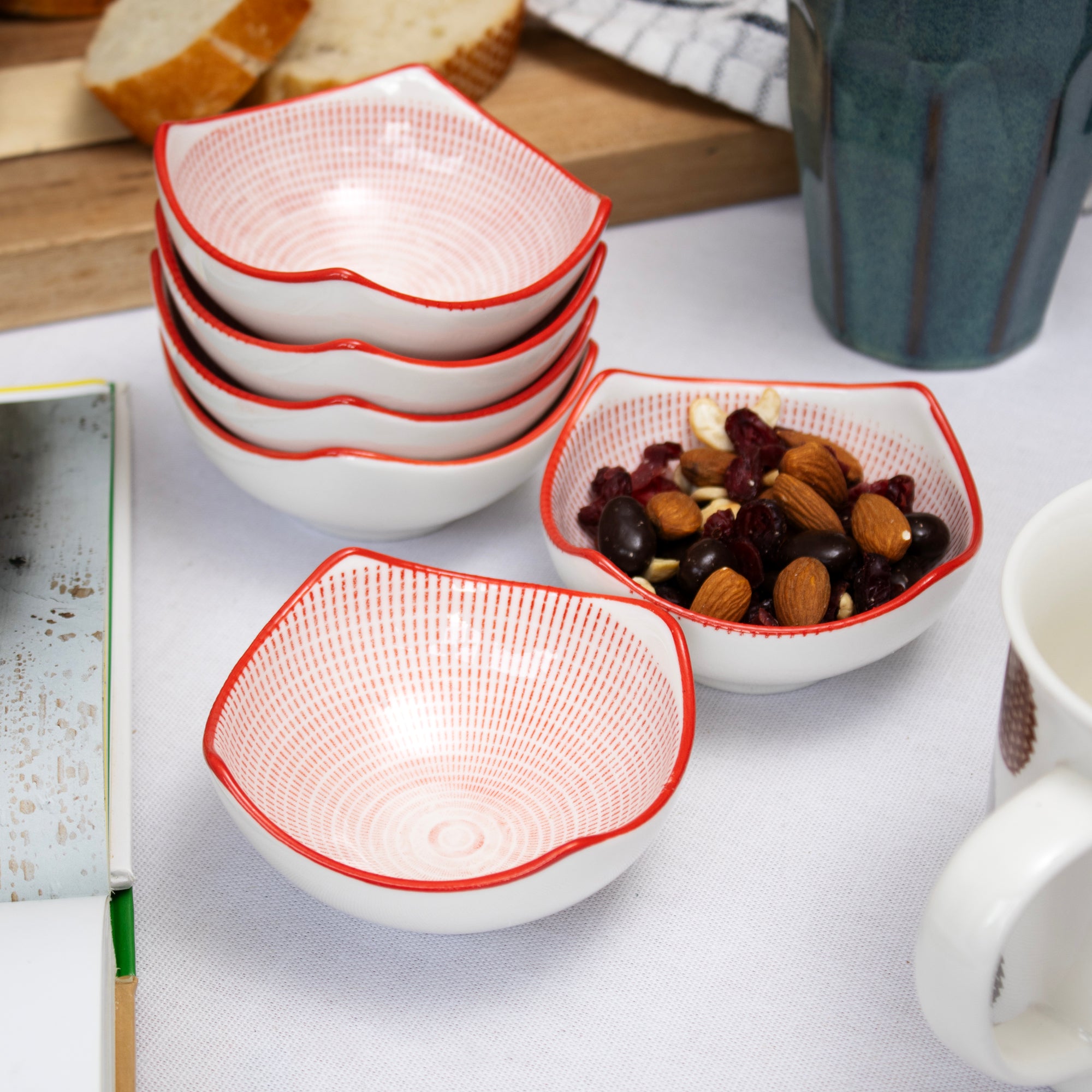 Set Of 6 Red Patterned Snack Bowls