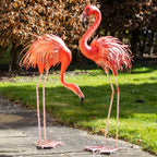Metal Feeding Flamingo Garden Ornament