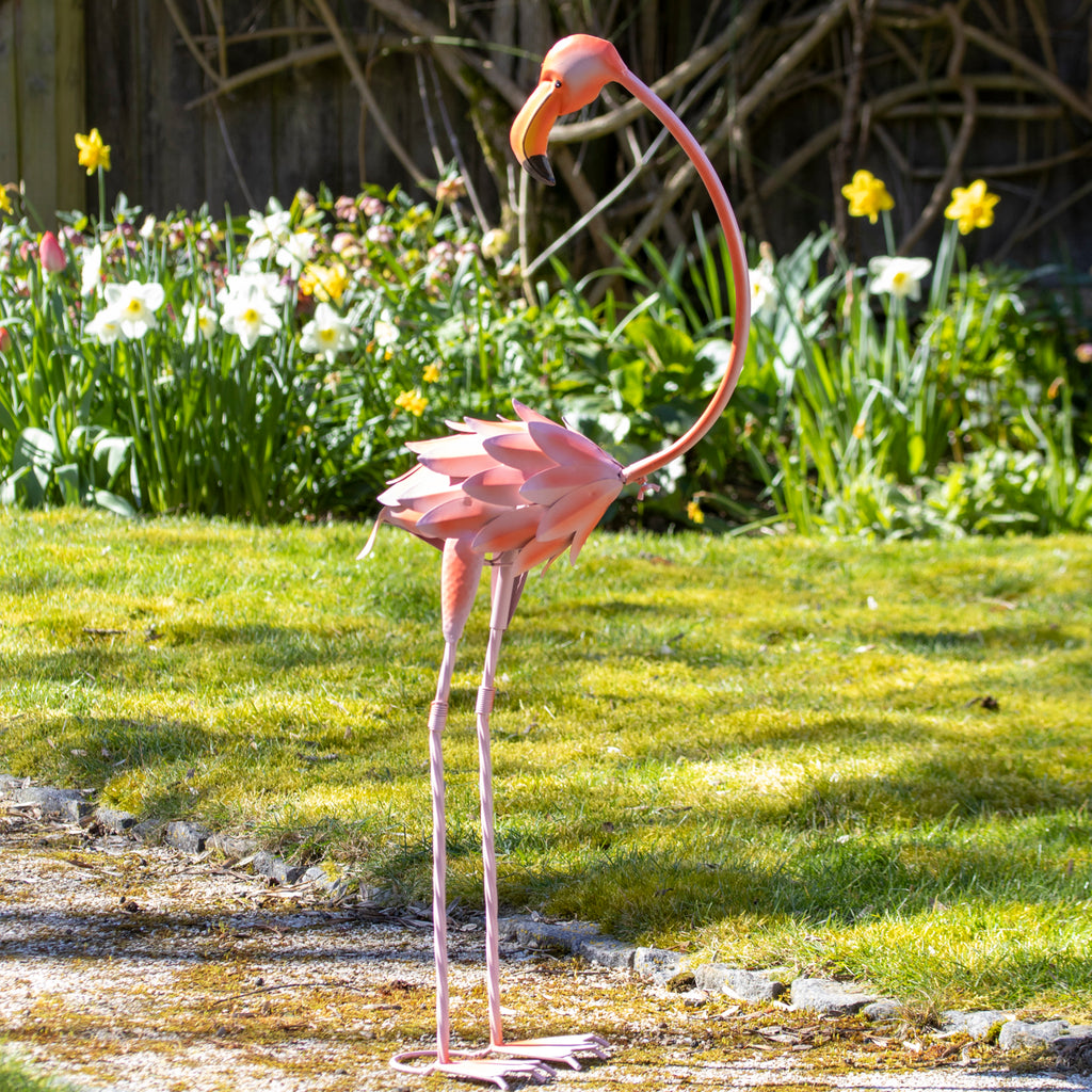 Metal Curved Neck Flamingo Garden Ornament