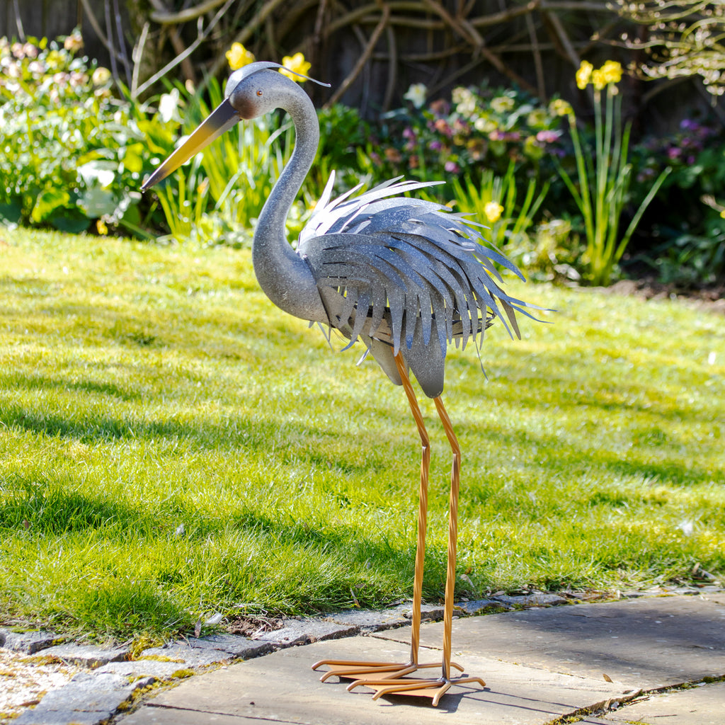 Grey Metal Heron Garden Ornament
