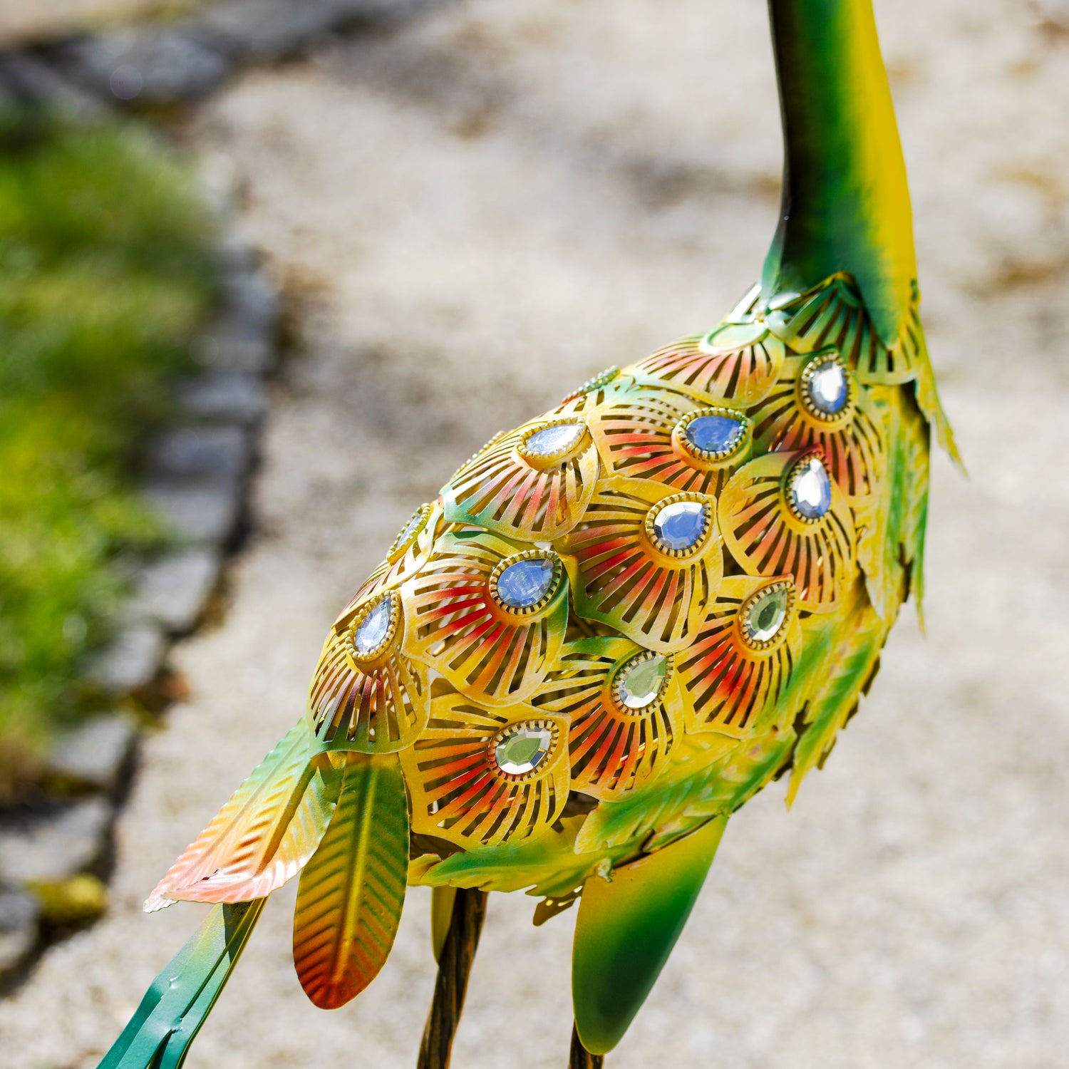Yellow & Green Metal Peacock Garden Ornament