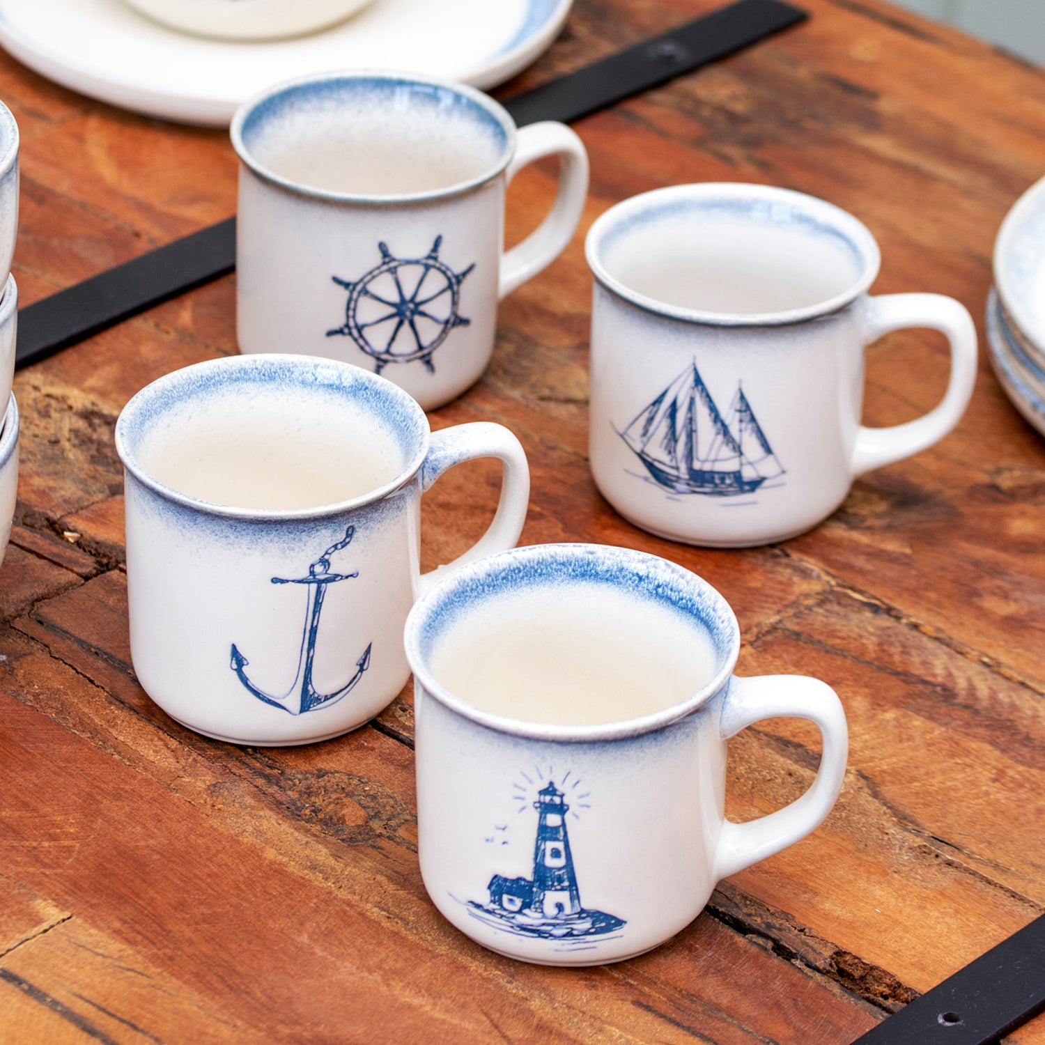 Set Of 4 Stoneware Nautical Mugs