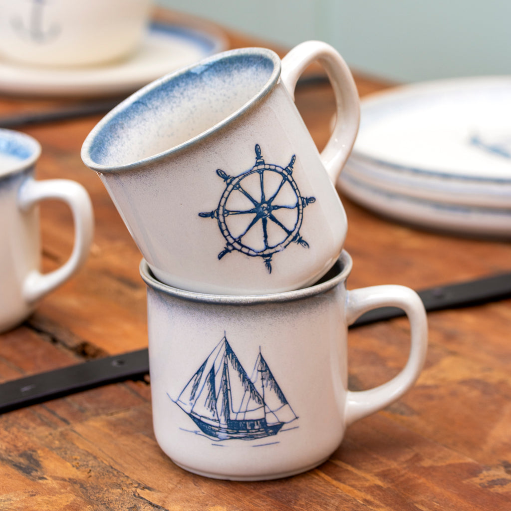 Set Of 4 Stoneware Nautical Mugs