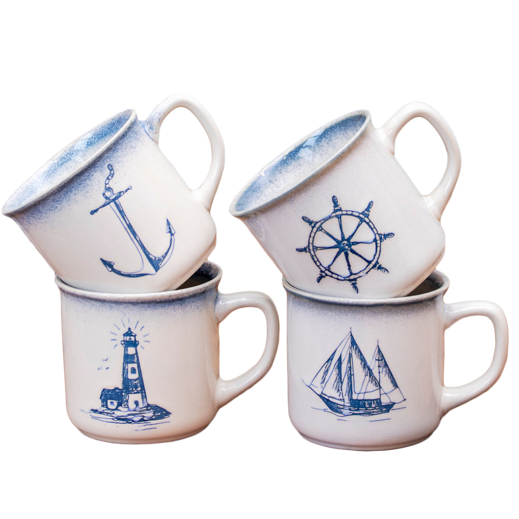 Set Of 4 Stoneware Nautical Mugs