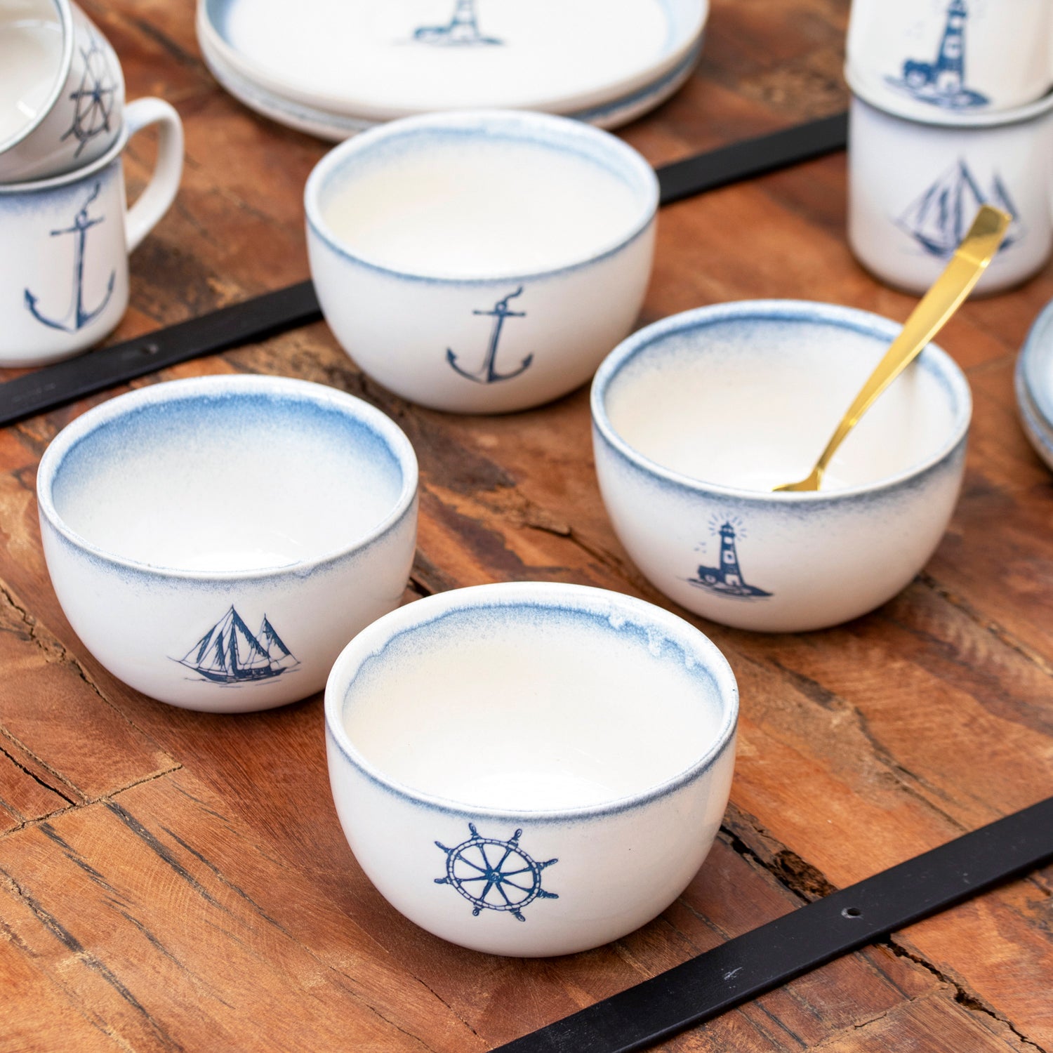 Set Of 4 Stoneware Nautical Cereal Bowls