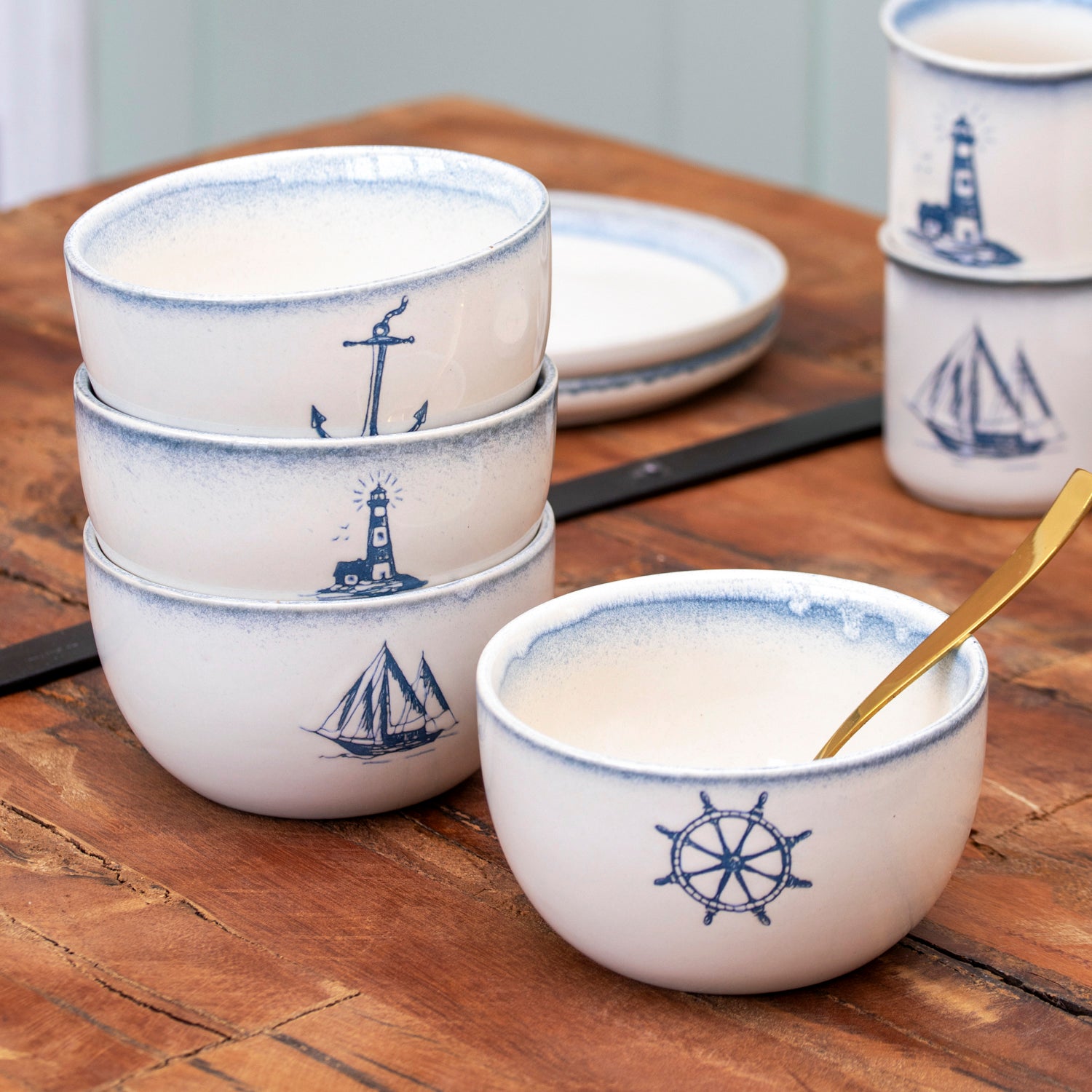 Set Of 4 Stoneware Nautical Cereal Bowls